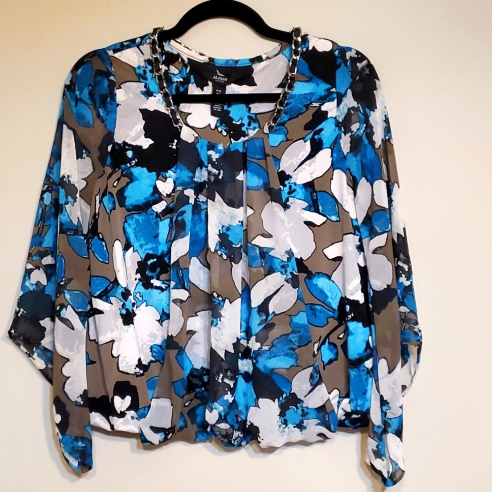 Alfani Petite Draped Floral Blouse with Chain/Lace Neckline, Size P/S